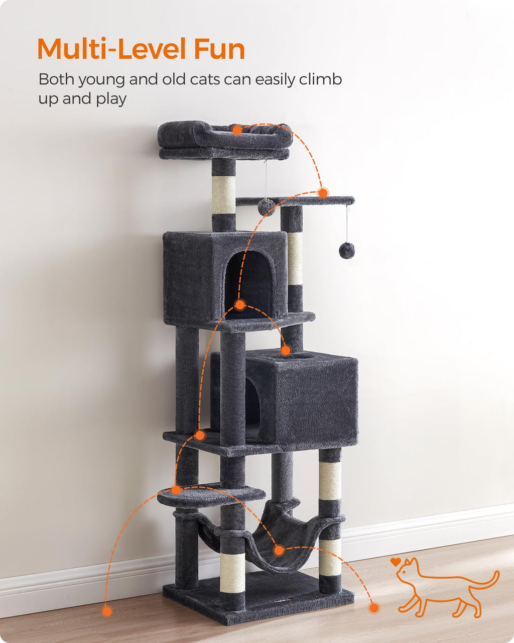 155 cm Multi-Level Cat Tree with Hammock & Caves