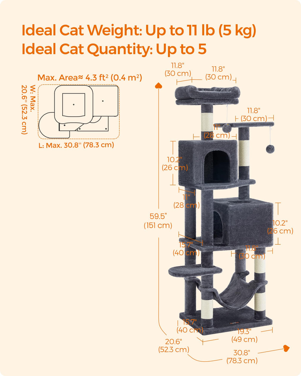 155 cm Multi-Level Cat Tree with Hammock & Caves