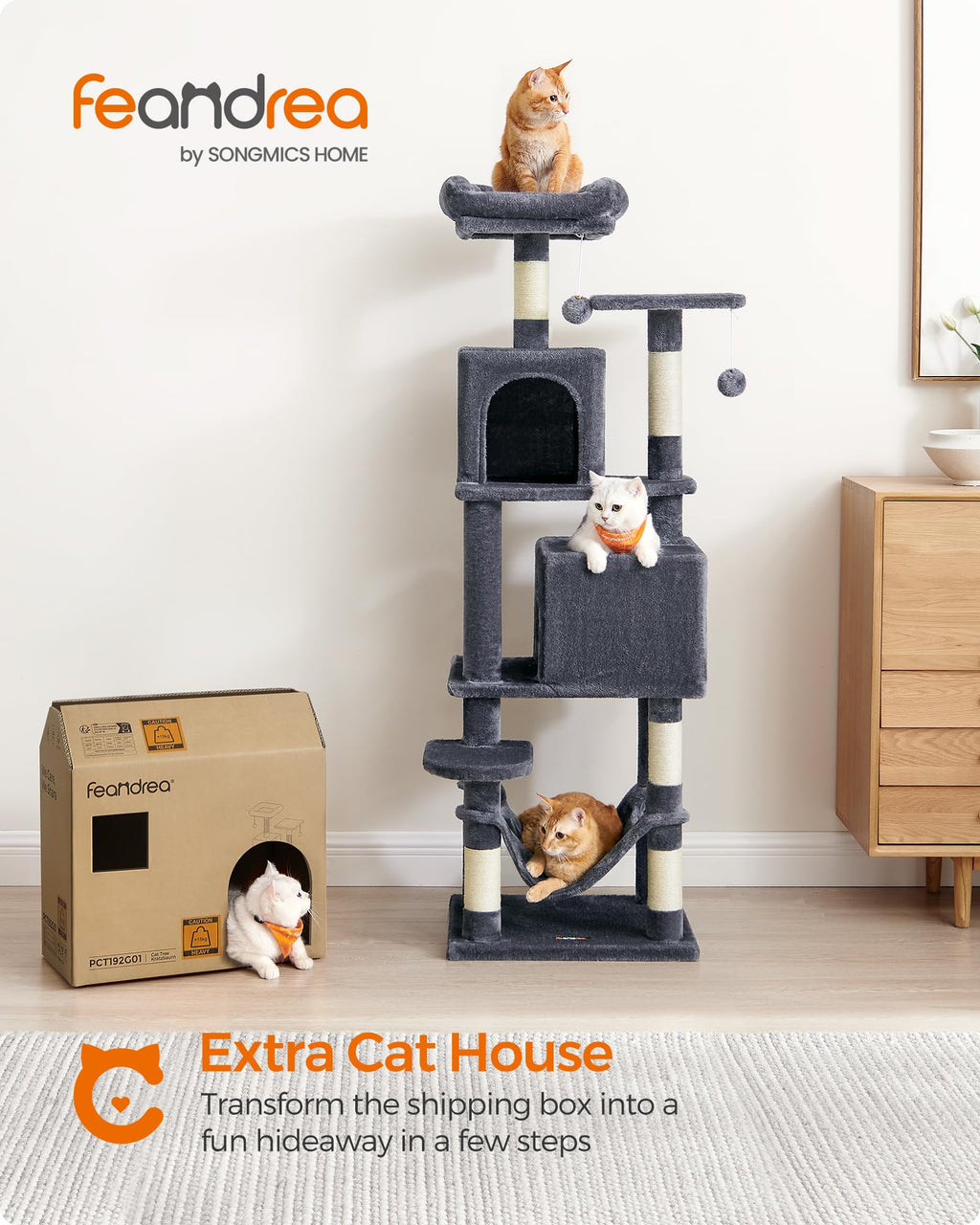 155 cm Multi-Level Cat Tree with Hammock & Caves
